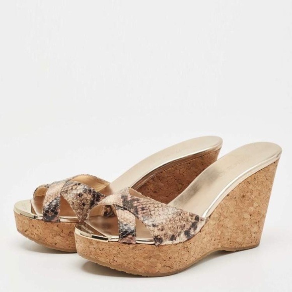 Jimmy Choo Python Embossed Leather Prima Platform Wedge Sandals - Picture 1 of 11